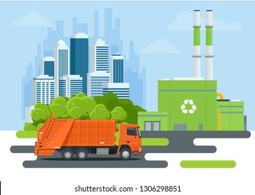 Garbage truck or Recycle truck in city. Garbage recycling and utilization equipment. City waste recycling concept with garbage truck. Vector illustration