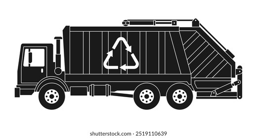 Garbage truck with recycle sign in side view. Ecology, dump recycling business. Flat Vector monochrome silhouette