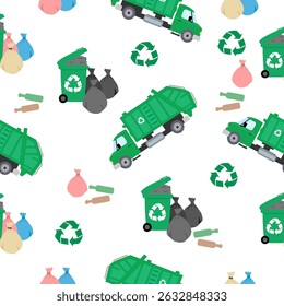 Camión de basura y reciclar el patrón de basura Vector, papelera y camión. Diseño de camión de basura sin costuras para impresión de tela. diseño de patrón