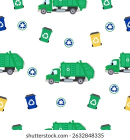 Garbage truck  and Recycle Trash pattern vector, bin and truck.Seamless  Garbage truck design for fabric print