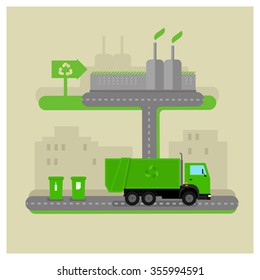 Camión de basura y fábrica de reciclaje en estilo plano. Ilustración vectorial