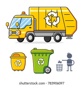 Garbage Truck, Recycling Wheelie Trash Dumpsters, Dust Bin Sign Icon Isolated. Waste Management Vector Set.