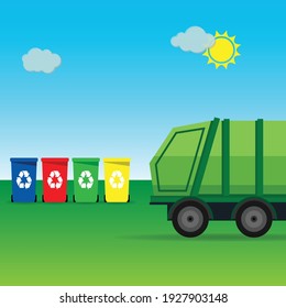 Garbage truck in a rural landscape with garbage containers