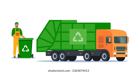 Garbage truck and sanitation worker. Garbage man in uniform with trash bin and recycling symbol on it. Garbage sorting. Zero waste, environment protection concept. Vector illustration