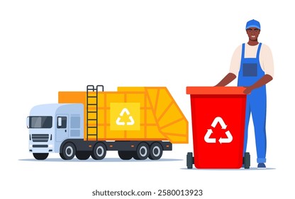 Garbage truck and sanitation worker. Garbage man in uniform with trash bin and recycling symbol on it. Garbage sorting. Zero waste, environment protection concept. African American man worker. Vector