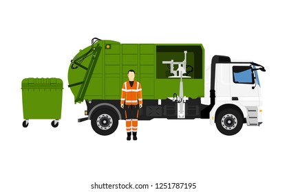 Garbage truck and sanitation worker. Vector illustration