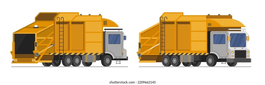 Garbage Truck Set For Trash Transportation To Urban Dumpster Or City Recycle Plant Vector Illustration. Cartoon Isolated Yellow Lorry Car Moving On Road, Side View Of Trailer With Waste Collector