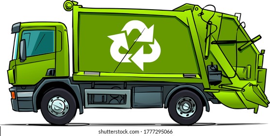 Garbage truck side view isolated on white background. Cartoon illustration
