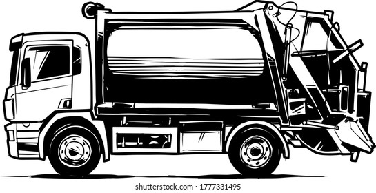 Garbage truck side view isolated on white background. Cartoon illustration