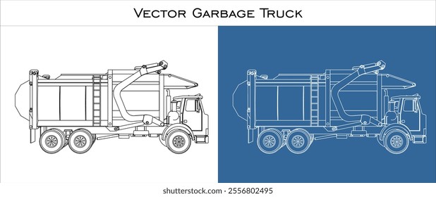 Garbage truck Side view Vector . illustration line drawing blueprint technical drawings isolated on transparent background