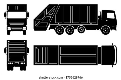 Garbage truck silhouette on white background. Vehicle icons set view from side, front, back, and top svg