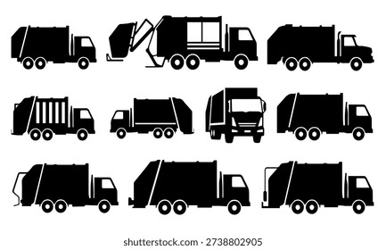 Garbage Truck Silhouette Vector Set For Waste Management Sanitation Recycling Service Municipal Utility Urban Environmental Cleaning Design Template