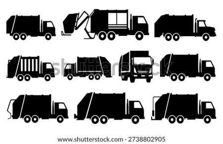 Garbage Truck Silhouette Vector Set For Waste Management Sanitation Recycling Service Municipal Utility Urban Environmental Cleaning Design Template