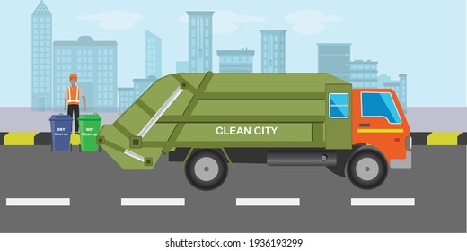 Garbage truck sorting bins recycling concept wet and dry trash Ecology city background