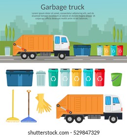 Garbage truck sorting bins recycling concept ship the trash Ecology city background