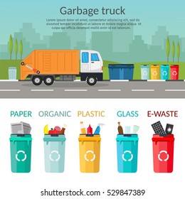 Garbage truck sorting bins recycling concept ship the trash Ecology city background