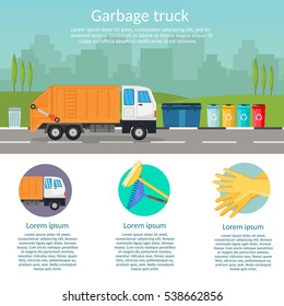 Garbage truck sorting bins of recycling concept ship the trash Ecology and city background