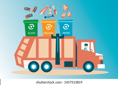 Garbage truck and three variants of dumpsters in a flat style