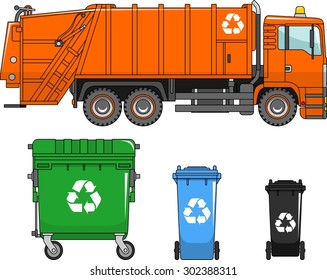 Garbage truck and three variants of dumpsters in a flat style