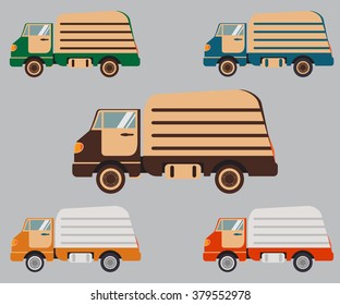 Garbage truck transport. Cleaning service of waste. Flat vector. Set of cars.
