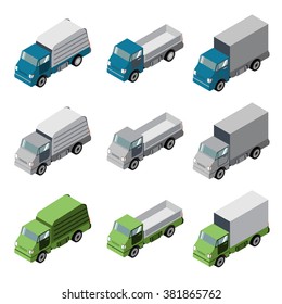 Garbage truck transport. Cleaning service of waste. The set of isometric consisting of different cargo trucks with the opened and closed body.