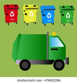 Garbage truck transporting colored recycle waste bins with paper, glass, plastic, metal. Garbage tipper with trash. Waste recycling concept. Cargo truck. Vector illustration in flat style design. svg