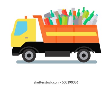 Garbage truck transportinggarbage, plastic and glass. Tipper with yellow cabin and orange vehicle. Garbage tipper with trash. Waste recycling concept. Cargo truck. Vector illustration in flat style