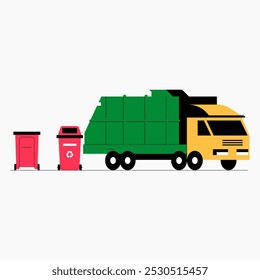 Garbage truck with trash bins for waste disposal in flat vector illustration symbolizing waste management and recycling, isolated on white background.