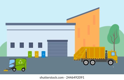 Garbage truck, trash can on city street with buildings, blue sky and clouds in background.