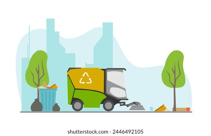 Garbage truck, trash can on city street with buildings, blue sky and clouds in background.