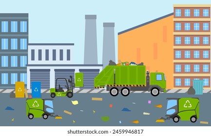 Garbage truck, trash can on city street with buildings, blue sky and clouds in background.
