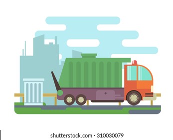 Garbage truck, trash can on city street with buildings, blue sky and clouds in background.