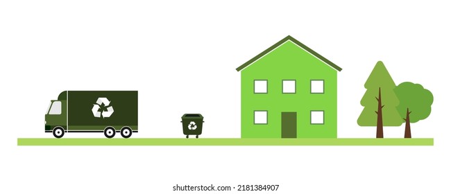 Garbage truck and trash can. Vector.