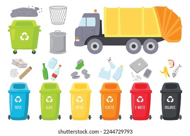 Garbage truck and trash cans flat icons set. Rubbish recycling. Paper, steel bottle plastic and glass waste litters sorting. Protect environment. Color isolated illustrations