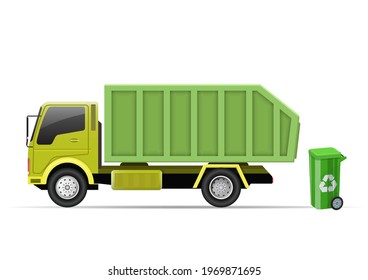 Garbage truck and trash cans. Isolated on white background