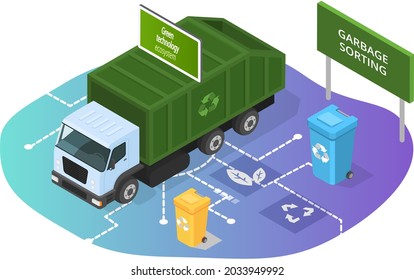 Garbage truck and trash recycling bins. Waste transport vehicle isometric illustration. Innovative green technology, eco smart system and recycling. Garbage sorting, waste management concept