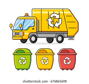Garbage truck and trash recycling bins isolated