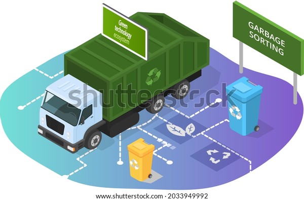 Garbage truck and trash recycling bins. Waste\
transport vehicle isometric illustration. Innovative green\
technology, eco smart system and recycling. Garbage sorting, waste\
management concept