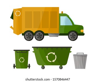 Garbage truck and various types of trash bin isolated on white background in cartoon style. Wheel trash bin collection. Container. Garbage processing sign