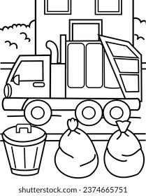 Garbage truck vector coloring page for kids, simple and easy to color, fun, and suitable for kids of all ages. Best for coloring books.