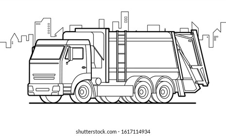 garbage truck; vector contour garbage truck on city background; for coloring book page