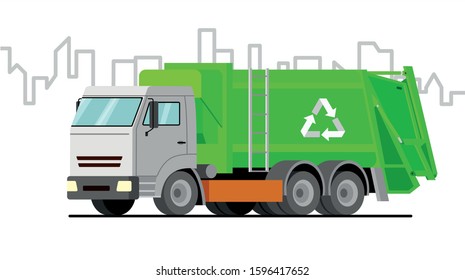 garbage truck; vector green garbage truck on city background.