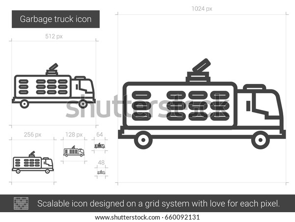 Garbage truck vector line icon isolated\
on white background. Garbage truck line icon for infographic,\
website or app. Scalable icon designed on a grid\
system.