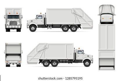 Garbage truck vector mockup for vehicle branding, advertising, corporate identity. Isolated template of realistic waste lorry on white background. All elements in the groups on separate layers