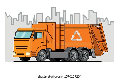 garbage truck; vector orange garbage truck on city background.