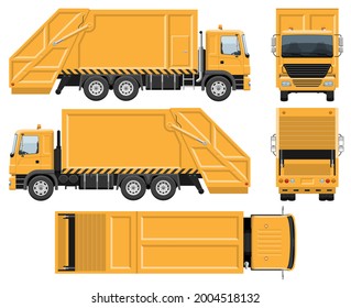 Garbage truck vector template with simple colors without gradients and effects. View from side, front, back, and top