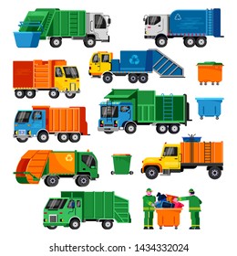 Garbage truck vector trash vehicle transportation illustration recycling waste set of clean service industry cleaning rubbish recycle container isolated on white background