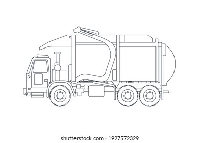 Garbage Truck Vehicle in Line. Modern Flat Style Vector Illustration. Social Media Template.