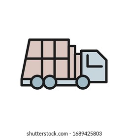 Garbage truck, vehicle for waste flat color line icon.