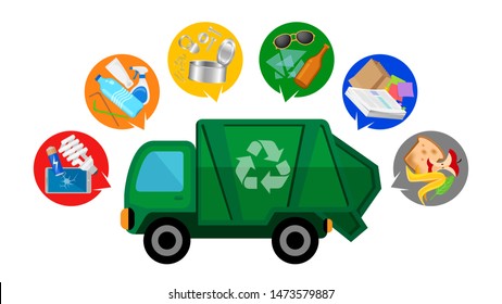 garbage truck and waste isolated on white background, clip art of recycle waste truck for cleaner management, garbage truck icon simple, illustration garbage truck green for flat infographic symbol